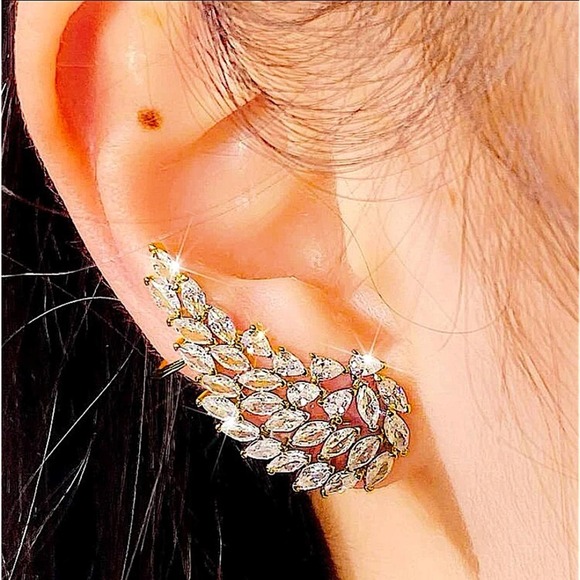 Gold Cubic Zircon Leaf Angel Wing Cuff Earrings - Picture 1 of 7